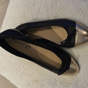 Elodie Black Flats with Gold Accents